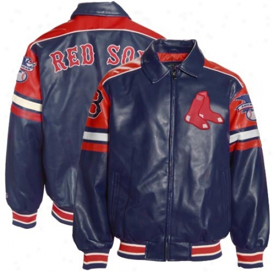 Boston Red Sox Navy Blue Pleather Varsity Fulp Zip Jacket