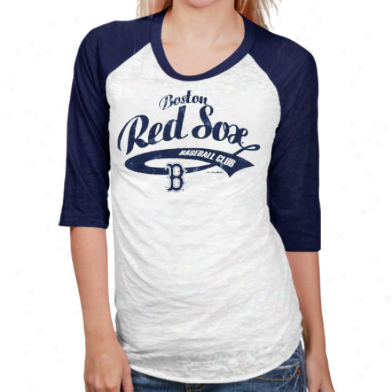 Boston Red Sox White-naavy Blue Burnout Raglan Three-quarter eLngth Sleeve T-shirt