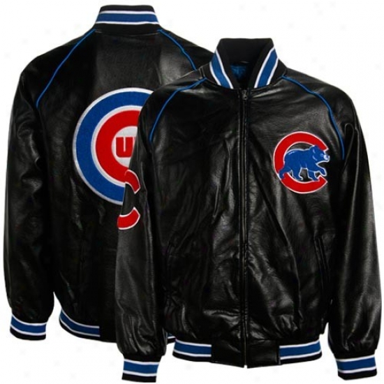 Chicago Cubs Black Pleather Varsity Full Zip Jacket-