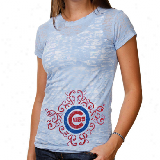 Chicago Cubs Ladies Scroll Burnout Premium Crew T-shirt - Light Blue