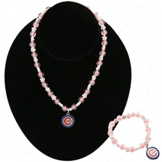 Chicago Cubs Pink Beaded Bracelet & Necklace Set W/team Logo Charm