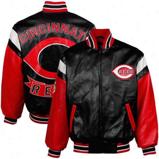 Cincinnati Reds Black Pleather Varsity Full Zip Jacket