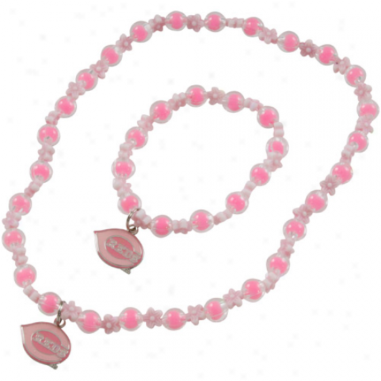 Cincinnati Reds Girls Pink Sophie Beaded Team Logo Bracelet & Necklace Set