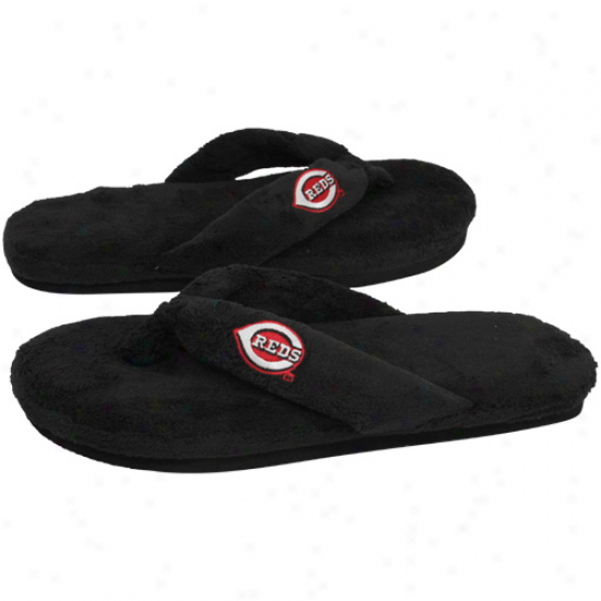 Cincinnati Reds Ladies Black Plush Thong Slippers