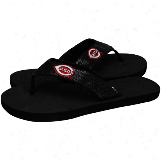 Cincinnati Reds Ladies Black Sequin Strop Flip Flips