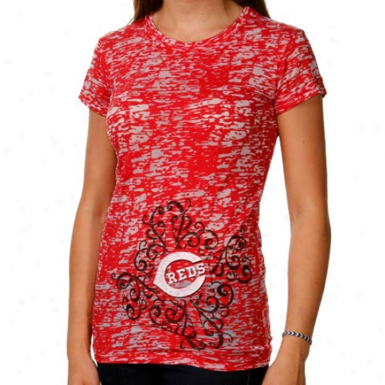 Cincinnati Reds Ladies Scroll Burnout Premium Crew T-shirt - Red