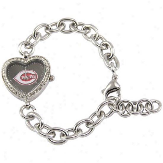 Cincinnati Reds Ladies Silver Heart Watch