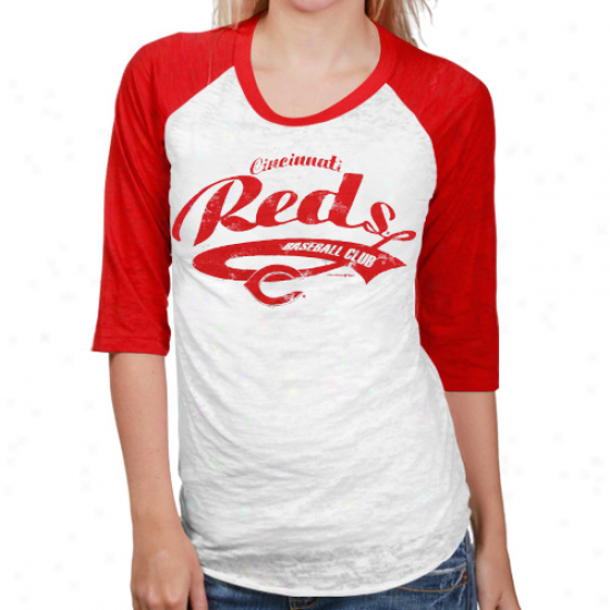 Cincinnati Reds Ladies White-red Burnout Raglan Three-quarter Length Sleeve T-shirt