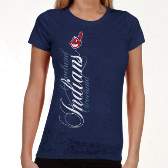 Cleveland Indians Ladies Navy Blue Basic Sheer Burnout Premium Crew T-shirt