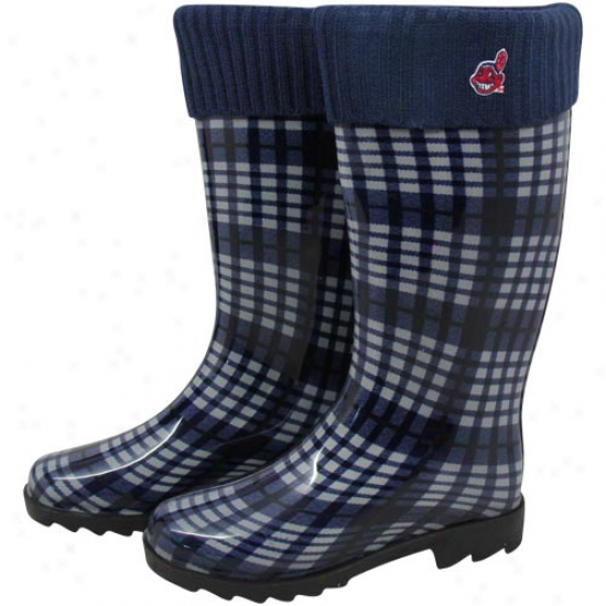 Cleveland Indians Ladies Navy Blue Plaid Cuffed Rain Boots