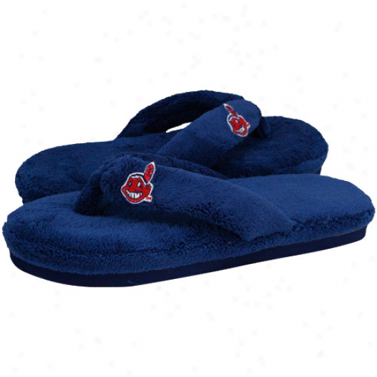 Cleveland Indians Ladies Navy Blue Plush Thong Slippers