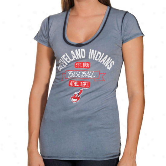 Cleveland Indians Ladies Seam Wash Premlum V-neck T-shirt - Navy Blue