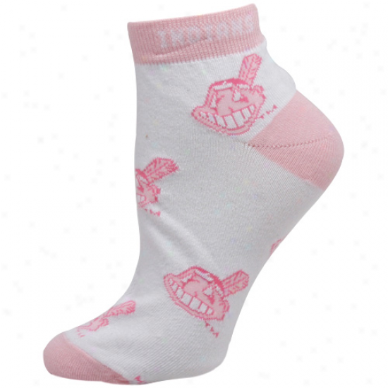 Clevepand Indians Ladies White-pink Allover Team Logo Ankle Socks