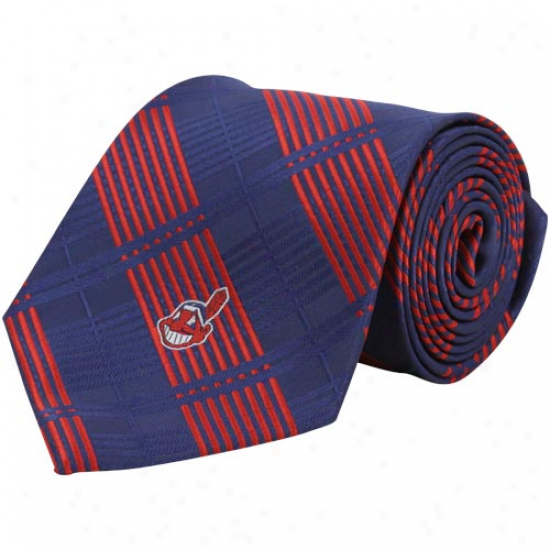 Cleveland Indians Navy Blue Poly Plaid Woven Tie