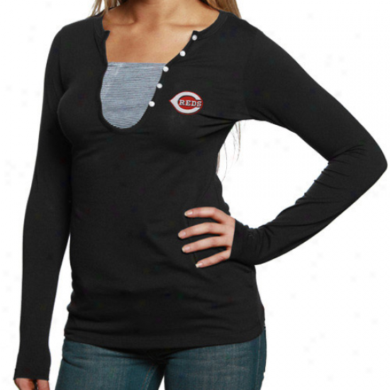 Cutter & Buck Cincinnati Reds Ladies Black Dulcet Henley Long Sleeve Premium T-shirt