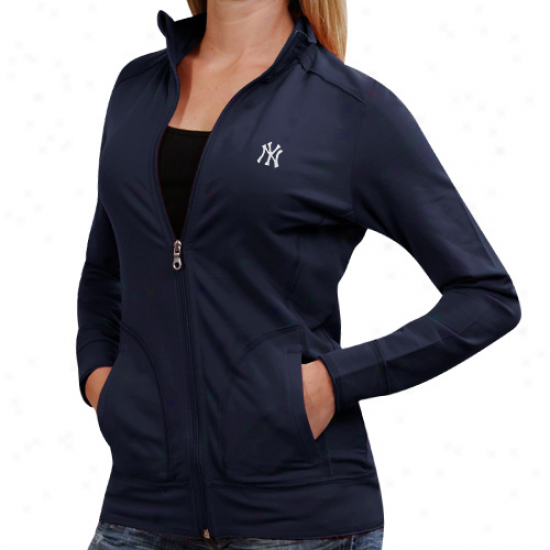 Cutter & Buck New York Yankees Ladies Ravenna Raw Edge Full Zip Sweatshirt - Navy Blue