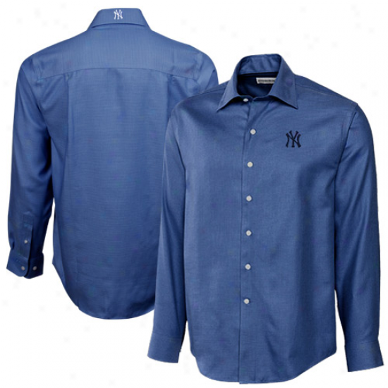 Cutter & Buck New York Yankees Light Blue Patterned 2 Logos Epic Easy Care Doobby Long Sleeve Button Down Shirt