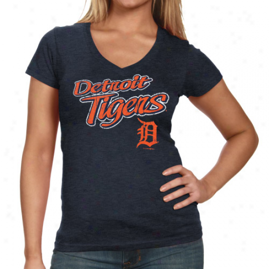 Detroit Tigers Ladies Keep It Real Tri-blend V-neck T-shirt - Navy Blue