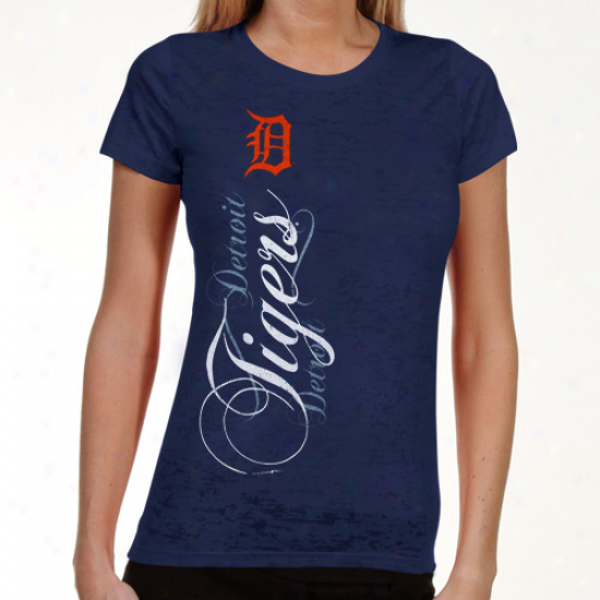 Detroit Tigers Ladies Navy Blue Basic Sheer Burnout Premium Crew T-shirt