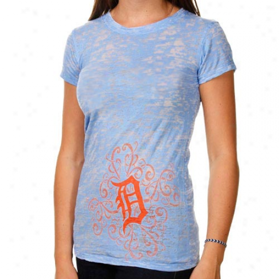 Detroit Tigers Ladies Scroll Burnout Premium Crew T-shirt - Light Bluue