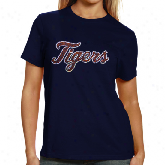 Detroit Tigers Ladies Sequin Jersey Logo Premium T-shirt - Navy Blue