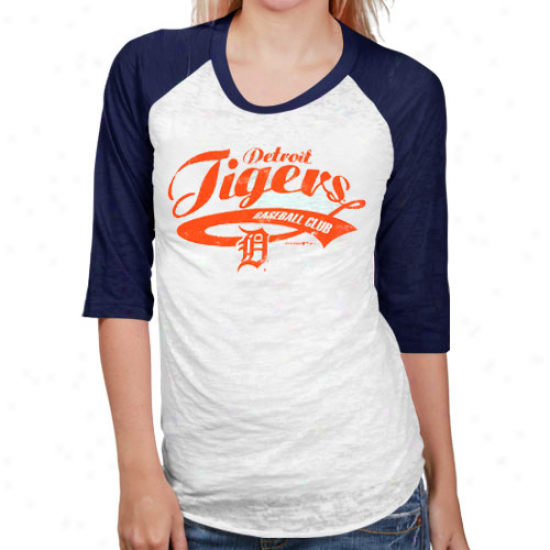 Detroit Tigers White-navy Blue Burnout Raglan Three-quarter Length Sleece T-shirt