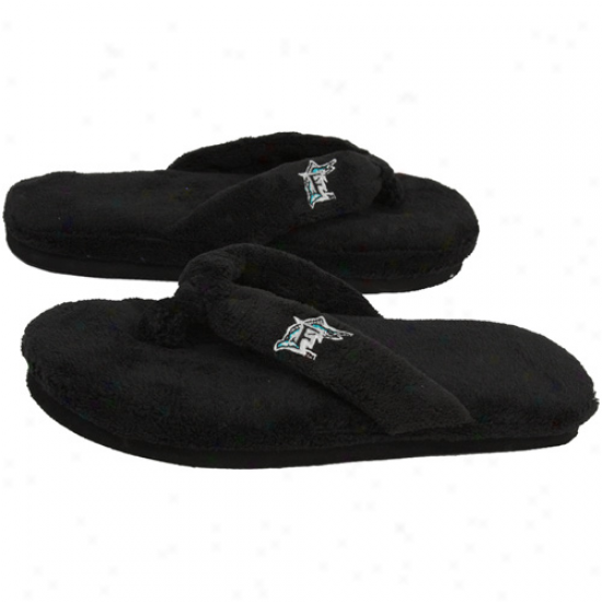 Florida Marlins Ladies Black Plush Thong Slippers