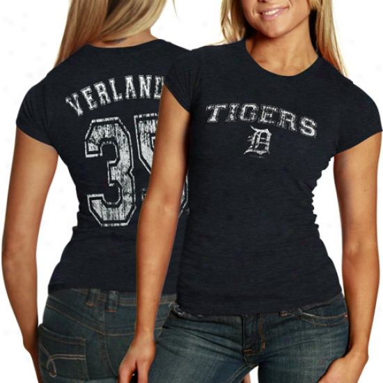 Justin Verlander Detroit Tigers #35 Ladies Playr Tri-blend T-shirt - Navy Blue