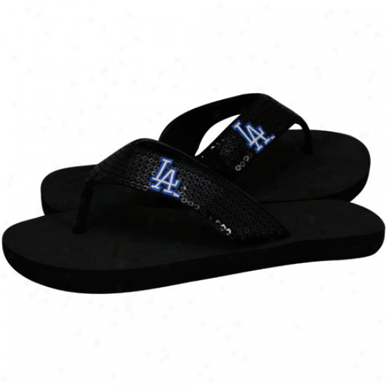 L.a. Dodgers Ladies Black Sequin Strop Flip Flops