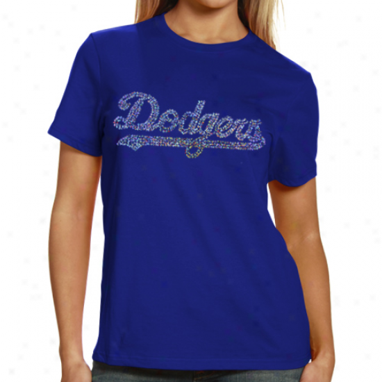 L.a. Dodgers Ladies Sequin Jersey Logo Premium T-shirt - Royal Blue