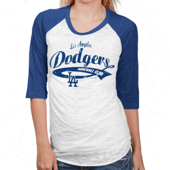 L.a. Dodgers Ladies White-royal B1ue Burnout Raglan Three-quarter Detail Sleeve T-shirt