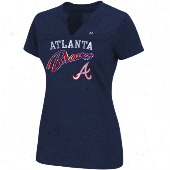 Majestic Atlanta Braves Ladies Gamee Lead Fashion Split Neck T-shirt - Navy Melancholy