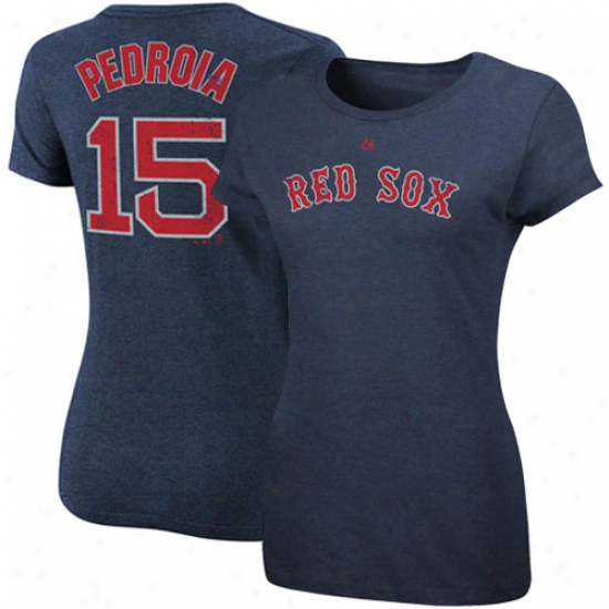 Majestic Boston Red Sox #15 Dustin Pedroia Ladies Navy Blue Player Name & Number T-shirt