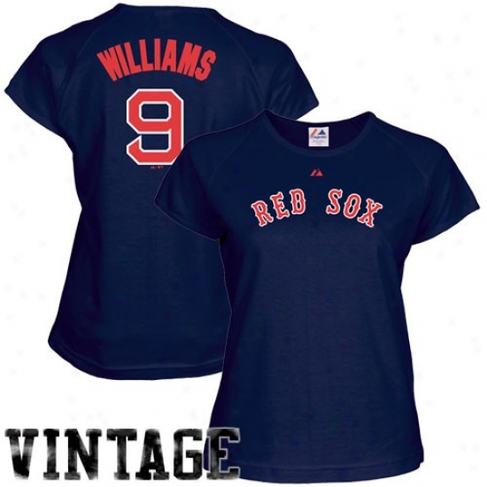 Majestic Boston Red Sox #9 Ted Williams Ladies Navy Blue Cooperstown Player T-shirt