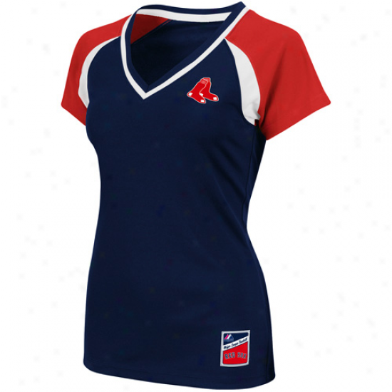 Majestic Boston Red Sox Ladies Navy Blue-red The Emerald Premium V-neck Fashkon Top