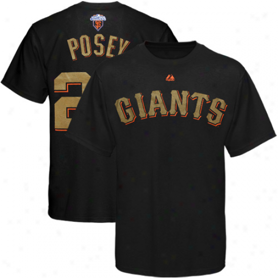 Majestic Buster Posey San Francisco Giants #28 2010 World Seriss Champions Gold Program Player T-shirt - Black