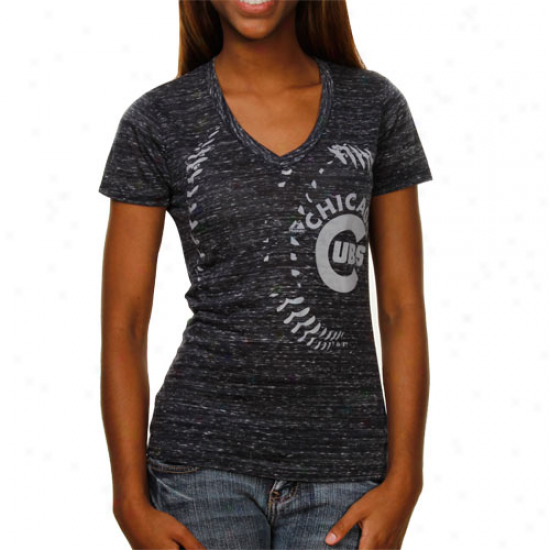 Majestic Chicago Cubs Ladies Close Up Burnout V-neck Premium T-shirt - Navy Blue