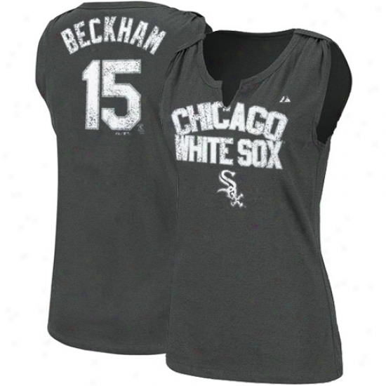 Majestic Chicago White Sox #15 Gordon Beckham Ladies Charcoal Hey Batter Heathered Split-neck Cistern Top