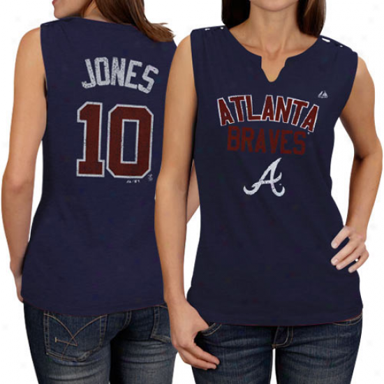 Majestic Chipper Jones Atlanta Braves Ladies Hey Batter Heathered Split-neck Tank Top - Navy Blue