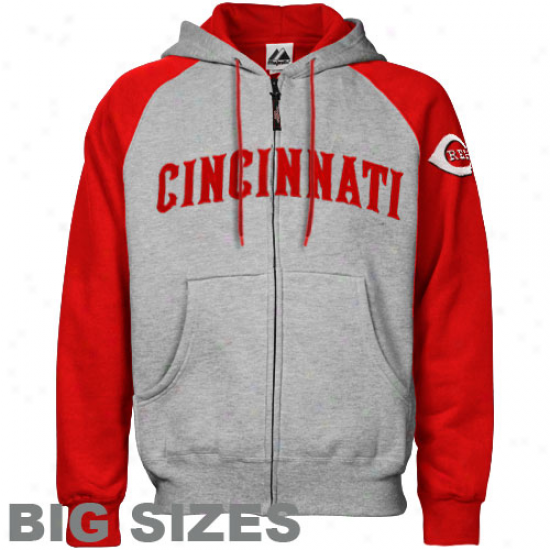 Majestic Cincinnati Reds Ash-red Applique Big Sizes Fulll Zip Hoody Sweatshirt