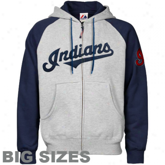 Majestic Cleveland Indians Ash-navy Blue Applique Big Sizes Exactly Zip Hoody Sweatshirt