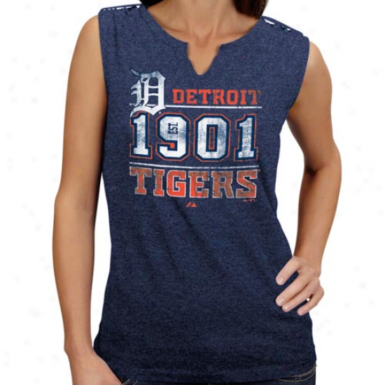 Majestic Detroit Tigers Ladies Navy Blue Diamond Diva Heathered Split-neck Tank Top