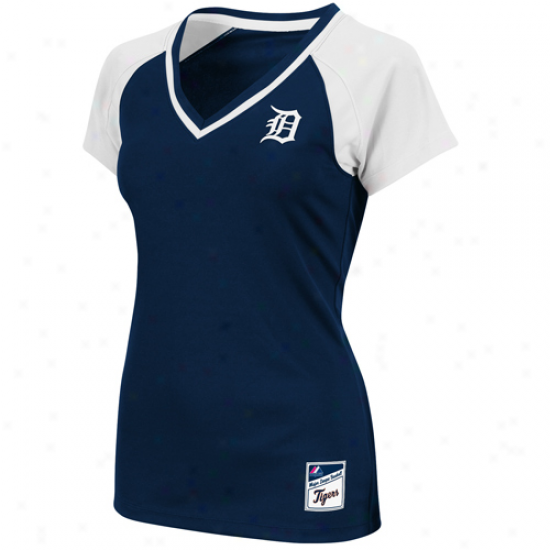 Majestic Detroit Tigers Ladies Navy Blue-white The Emerald Premium V-neck Fashion Top