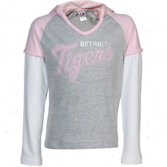 Majestic Detroit Tigers Preschool Girls Double Layer Long Sleeve Hoodie T-shirt- Ash/pink