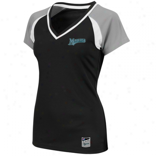 Majestic Florida Marlins Ladies Black-gray The Emerald Annual rate  V-neck Fashion Top