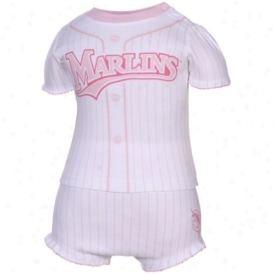 Majestic Florida Marlins Newborn Girls White-pink Pinstripe Two-piece Set