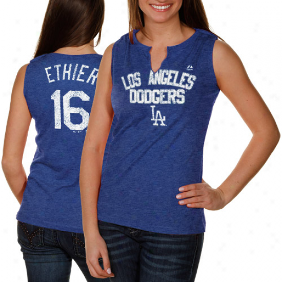 Majestic L.a. Dodgers #16 Andre Ethier Ladies Dodger Blue Hey Batter Heathered Split-neck Tank Top