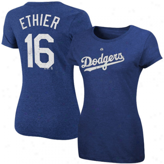 Majestic L.a. Dodgers #16 Andre Ethier Ladies Royal Blue Player Heathered T-shirt