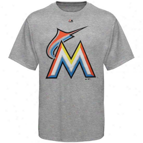 Majestic Miami Marlins Soft Densify Official Logo T-shirt - Ash