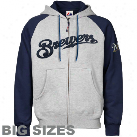 Majestic Milwaukee Brewers Ash-navy Blue Applique Big Sizes Full Zip Hoody Sweatshirt